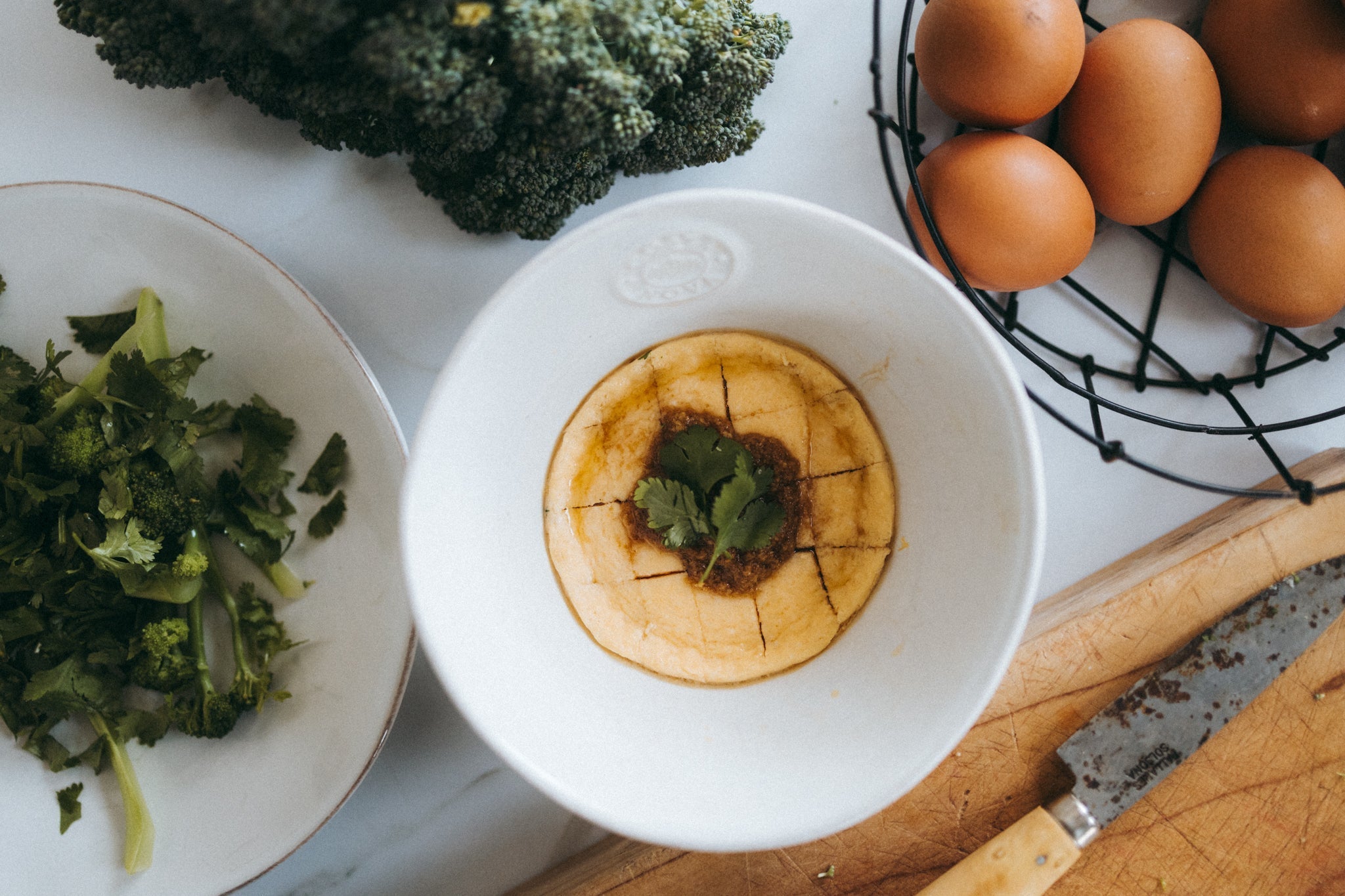 Silky Steamed Eggs with Ginger Soy Drizzle, Fresh Herbs with Optional Toppings
